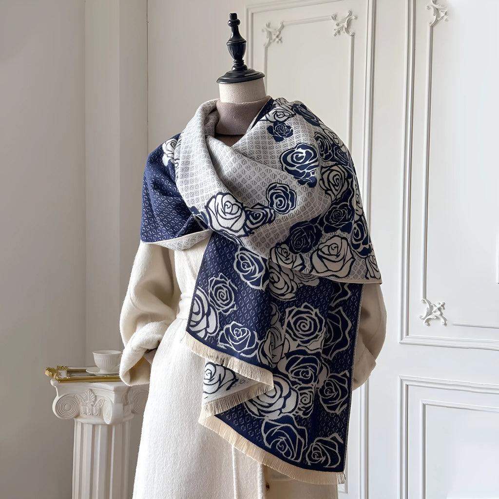 A grey imitation cashmere scarf with tassels, measuring 185 cm long, laid flat.