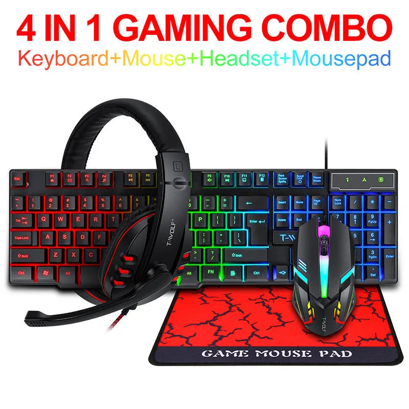 Thunder Wolf wired gaming keyboard mouse headset combo set with USB connections and mouse pad