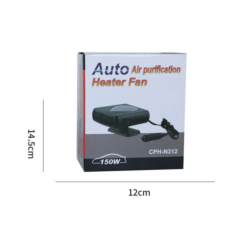Car demister and defroster with quick-heat fan, 150W, 12V or 24V, black and red or black and grey.