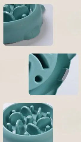 Bone-shaped slow feeder dog bowl with maze pattern in green, pink, or orange colours