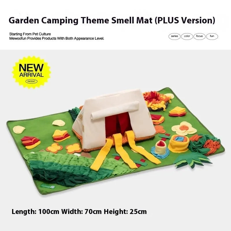 Plastic fabric dog sniffing mat in a thematic design, used for hiding food treats as a pet enrichment toy