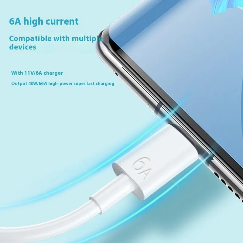 White 6A super fast charge data cable with TYPE-C, Micro USB or Lightning interface, 0.3m to 2m, PVC