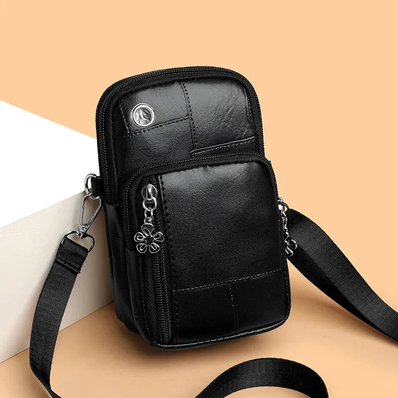 Mini vertical PU phone bag with polyester lining and sandwich pocket in black brown pink water blue