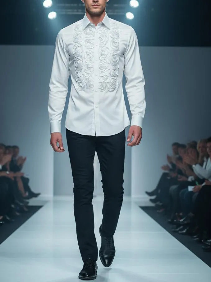 White polyester shirt with floral design, regular fit and regular-length top, shown in sizes S to 3XL.