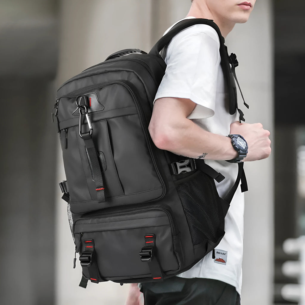 Oxford cloth large capacity travel backpack in black with USB charging port and anti-theft features