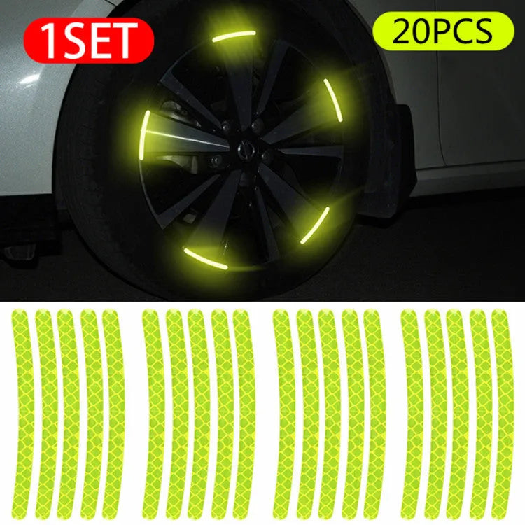 20-piece car wheel hub reflective sticker set in arc shape with multiple colour options including fluorescent and luminous varieties