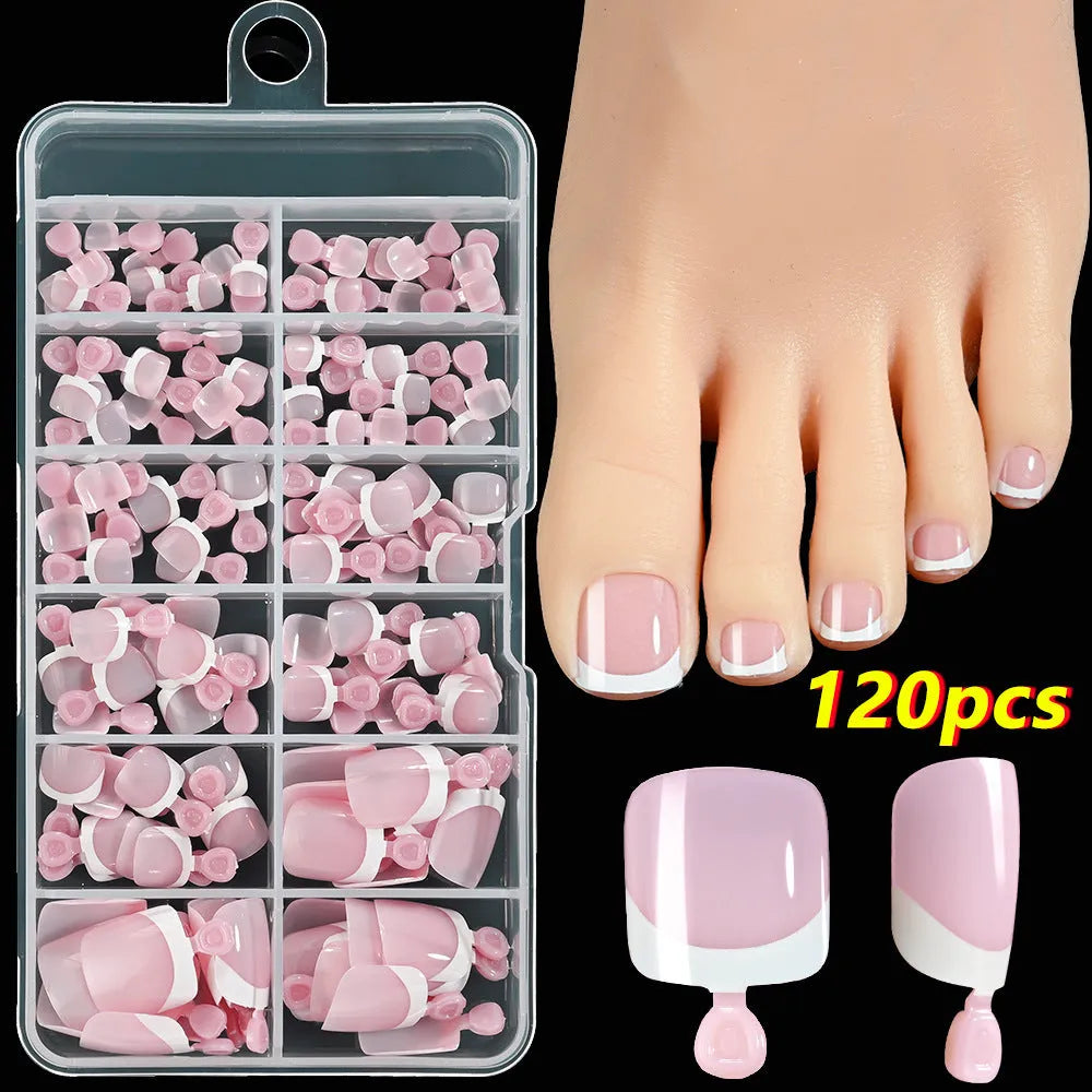 120-piece box of French white tip full square short nude nail appliqués in nine colour shades.
