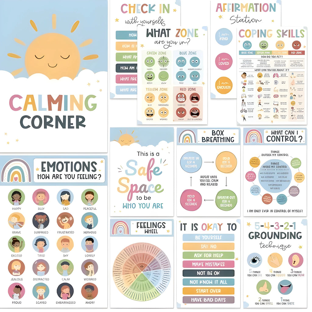 Calm corner poster set for classroom decoration, 12 or 16 sheets, sizes 42x28cm or 35x25cm, four cover colours