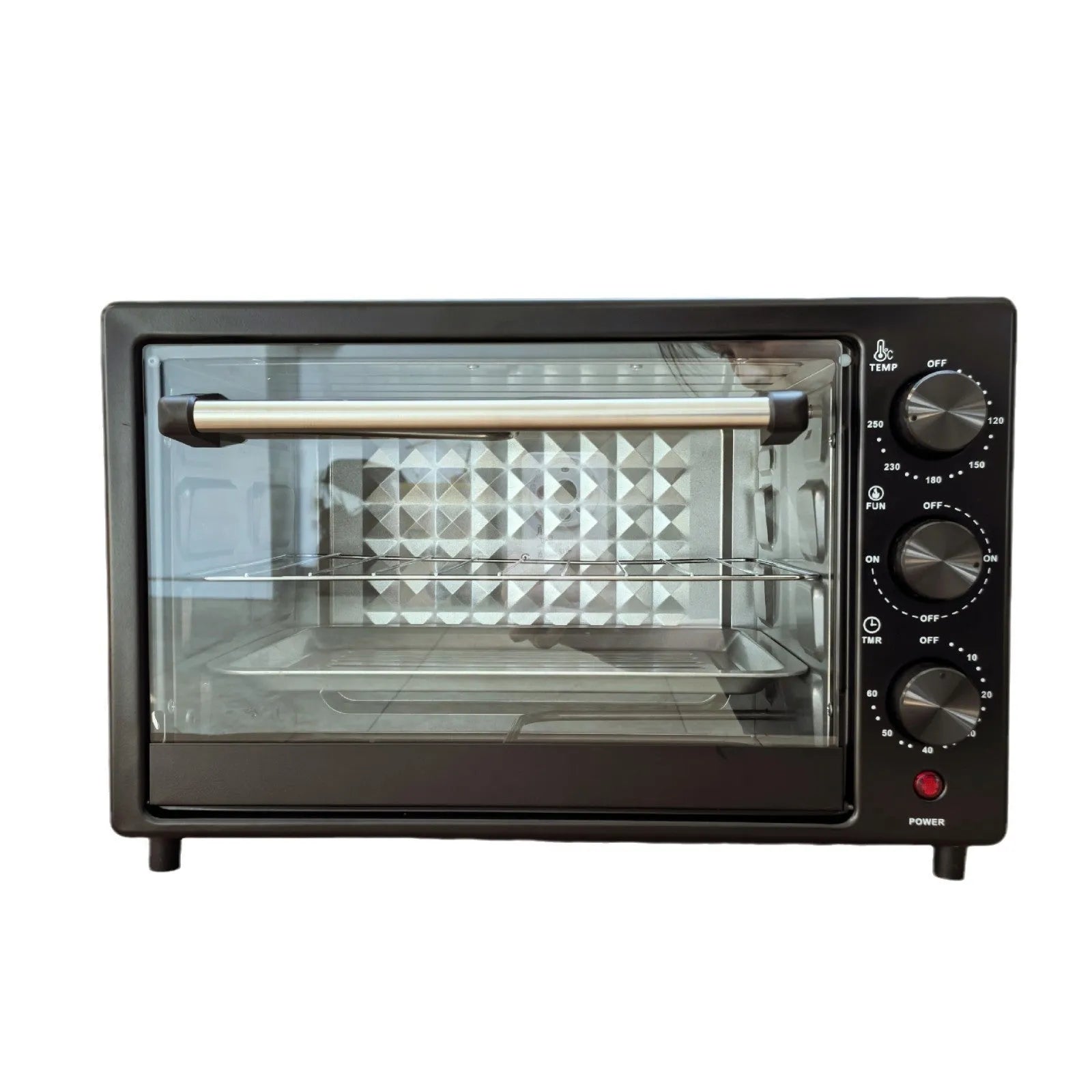 12L household electric oven in black with double-layer interior and mechanical dials, galvanised steel body