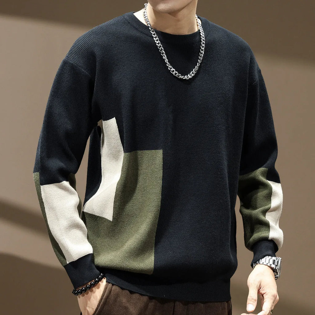 Men's oversized pullover sweater in black or walnut with colour contrast patchwork and long sleeves