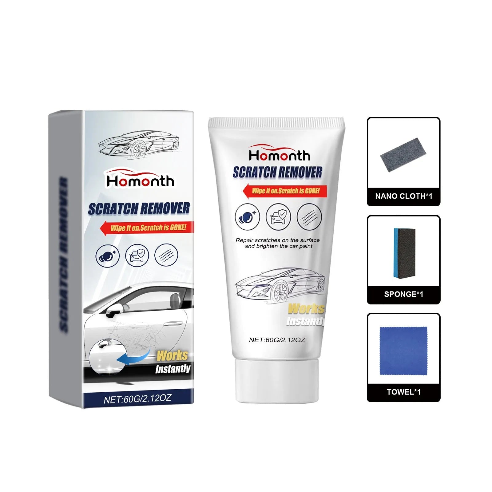 Car scratch repair suit with 60g scratch remover nano cloth towel and sponge on a white background