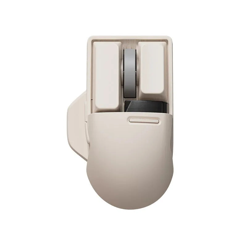 Tofu colour ergonomic wireless mouse shown with USB receiver and USB-C charging cable on a desk.