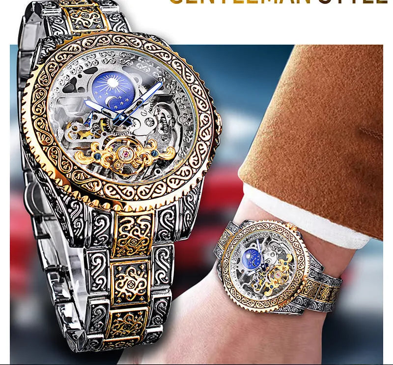 Forsining skeleton tourbillon mechanical watch with stainless steel case and band