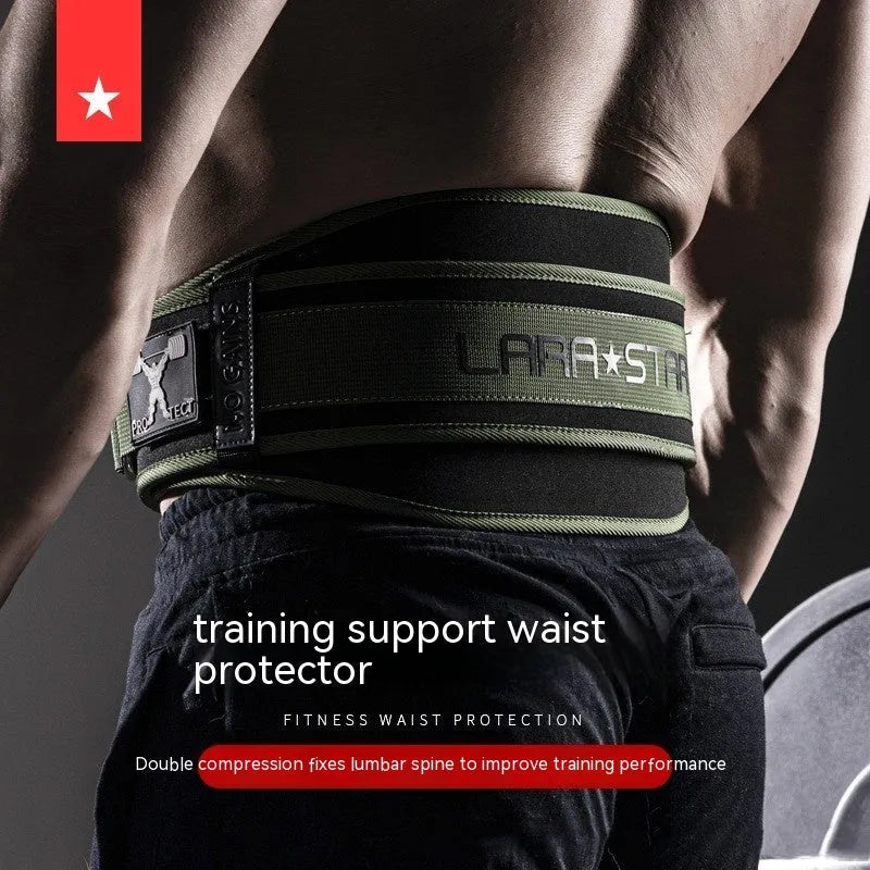 Men's fitness lumbar support belt in army green for weight training and gym workouts.