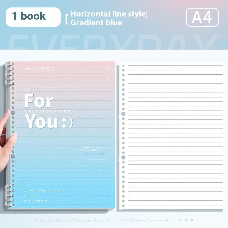 Removable coil gradient notepad in blue, green, pink, or purple, showing A4 and B5 sizes.