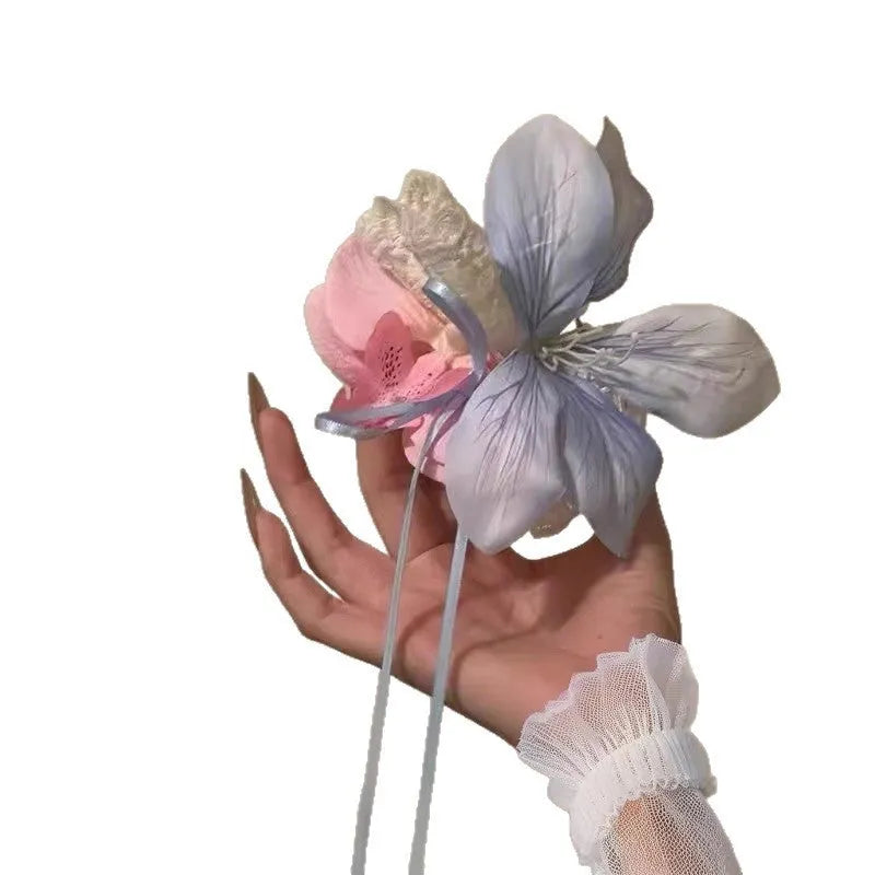Blue pink cloth flower hair barrette for women, single spring summer floral hair accessory