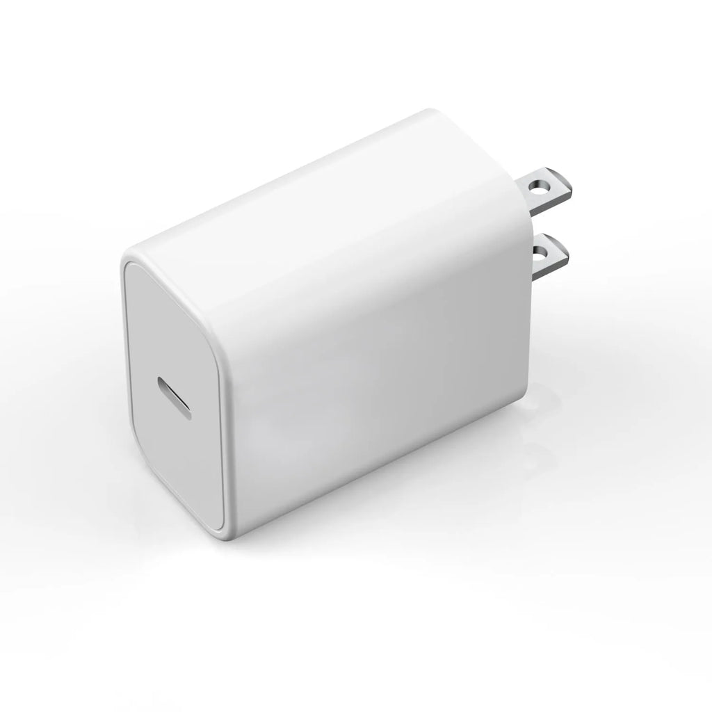 White Type-C USB wall charger with multi-standard plug compatibility and certifications on a plain background