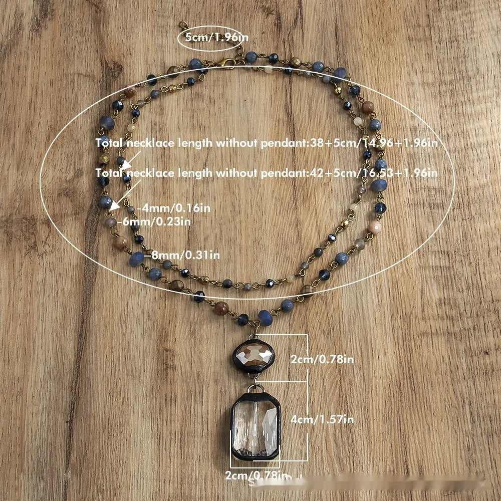 Adjustable tribal necklace with glass and stone pendant on two-layer chain in beige colour