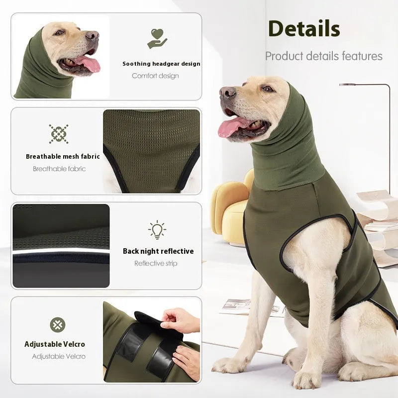 Army Green polyester dog anti-anxiety jacket shown on medium-sized dog