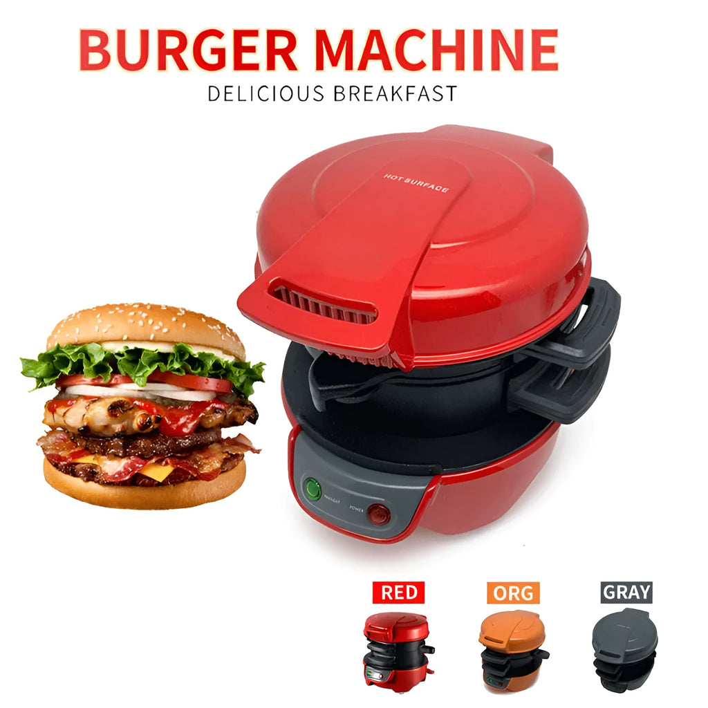 Bright red breakfast machine with sandwich maker and egg cooker ring on kitchen counter