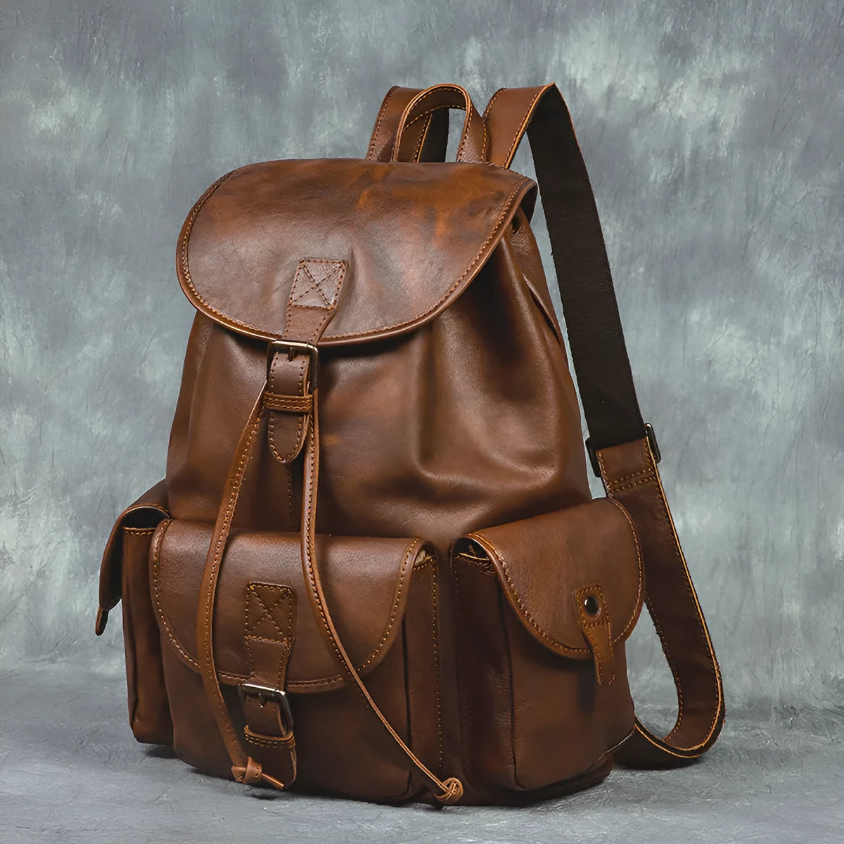 Genuine leather retro backpack with geometric pattern, 15 inch size, light brown or black, casual soft leather bag for hiking and travel.