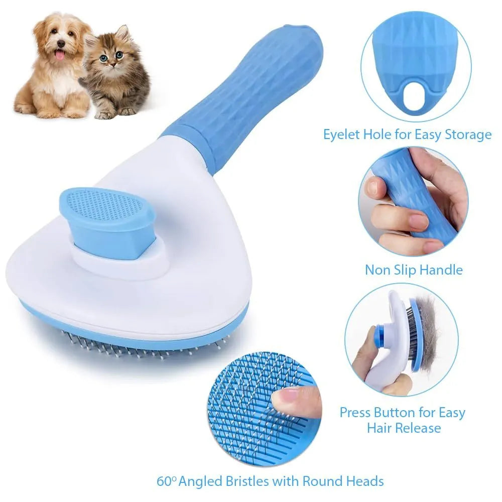 Blue cat grooming brush with a release button and fine wire bristles on a grey background.