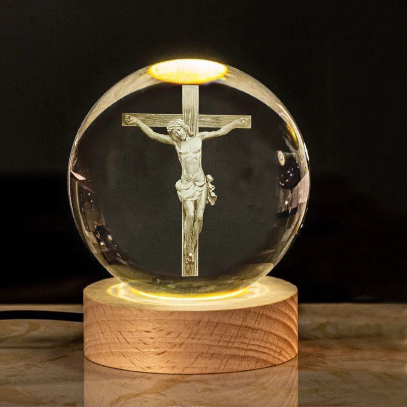 6cm white crystal religious ornament on wooden base with warm lighting
