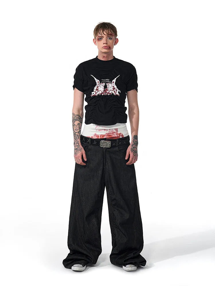 Black men's slim fit short sleeve shirt with printed design and round neck collar.