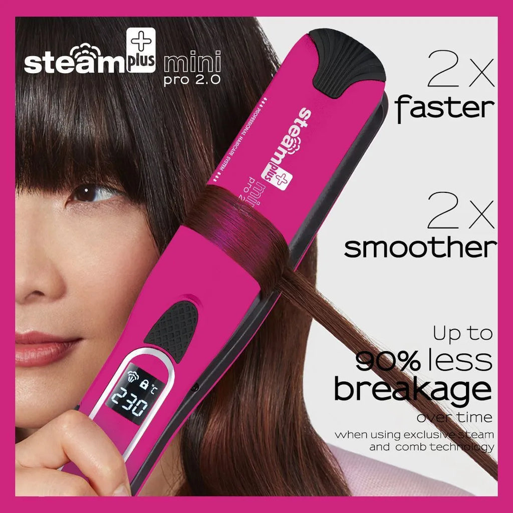 Mini steam hair straightener in purple, rose red or champagne with ceramic plates and European plug