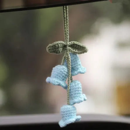 Green and white knitted car plant ornament with hanging rope for dashboard or mirror decoration
