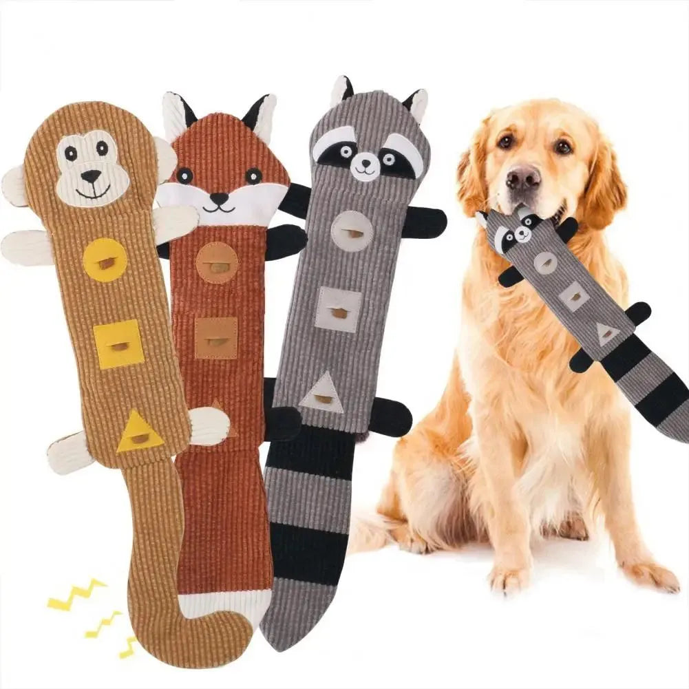 Plush animal-shaped dog toy, Fox design, 47cm long with squeaker and treat-dispensing pockets
