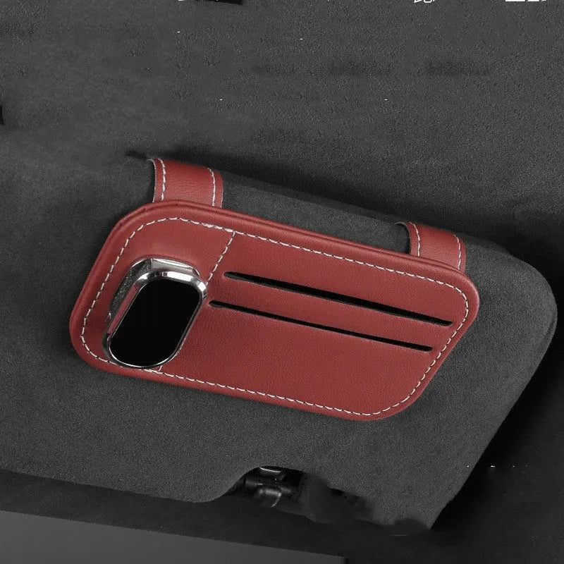 Cowhide leather car sun visor card holder with glasses clip in multiple colour options