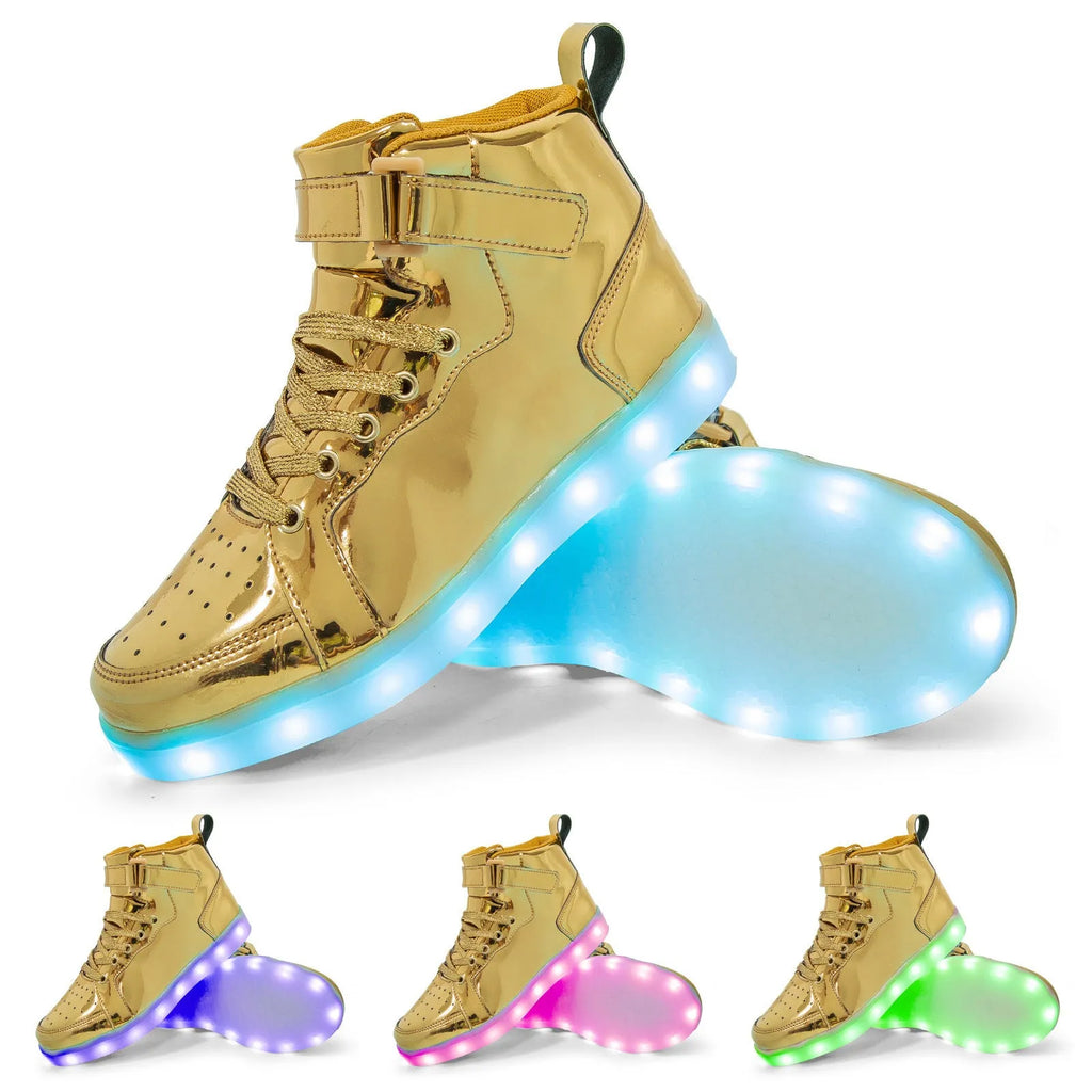 LED light-up high-top sneakers with Velcro strap in various colours on a solid background