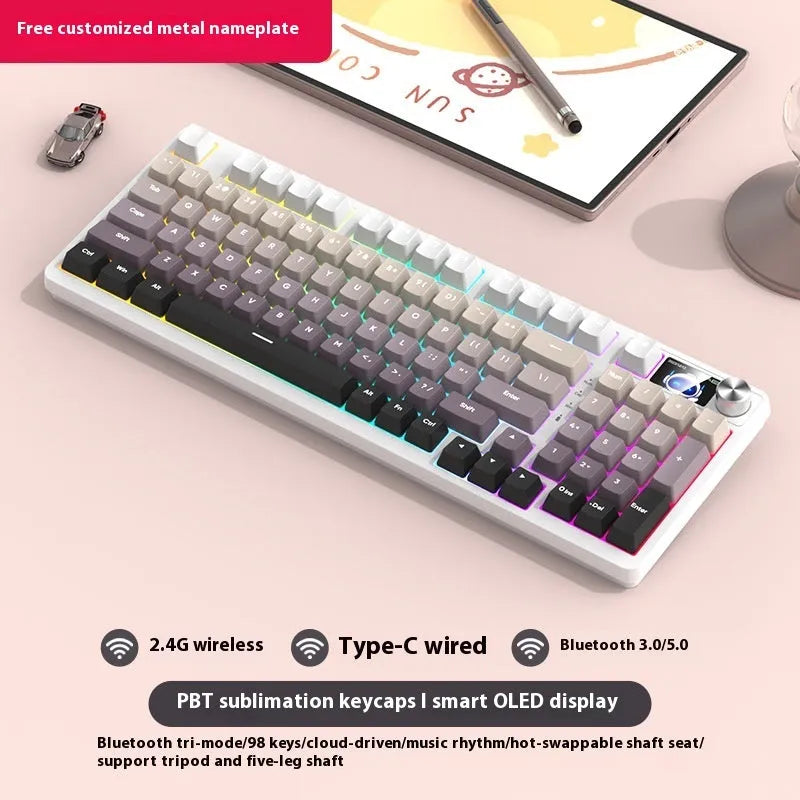 98-key wireless Bluetooth mechanical keyboard kit with metal control knob on desk