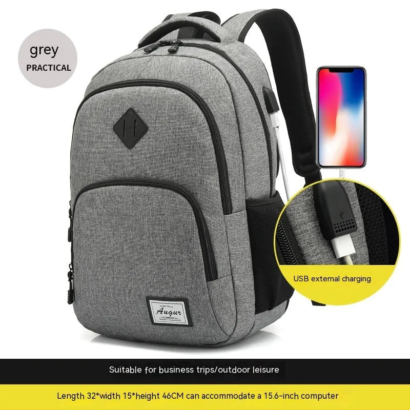 Lightweight grey USB charging backpack with trolley sleeve shown next to a smartphone.