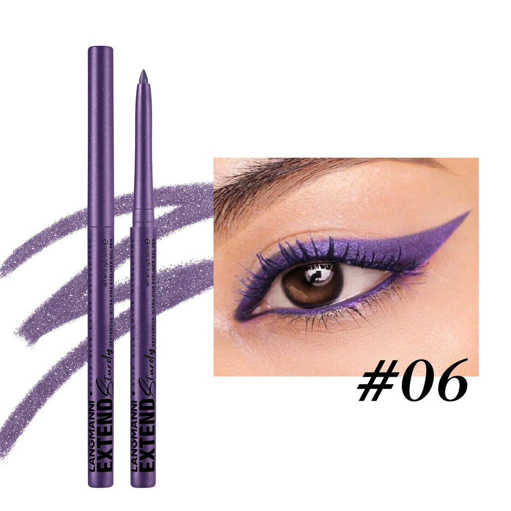 Set of 12 colourful gel glitter eyeliner pencils with vibrant shades on a white background