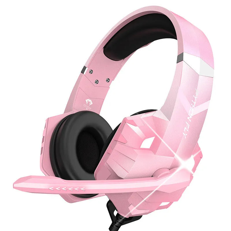 Blue wired gaming headset with microphone and LED lights showing 3.5mm plug