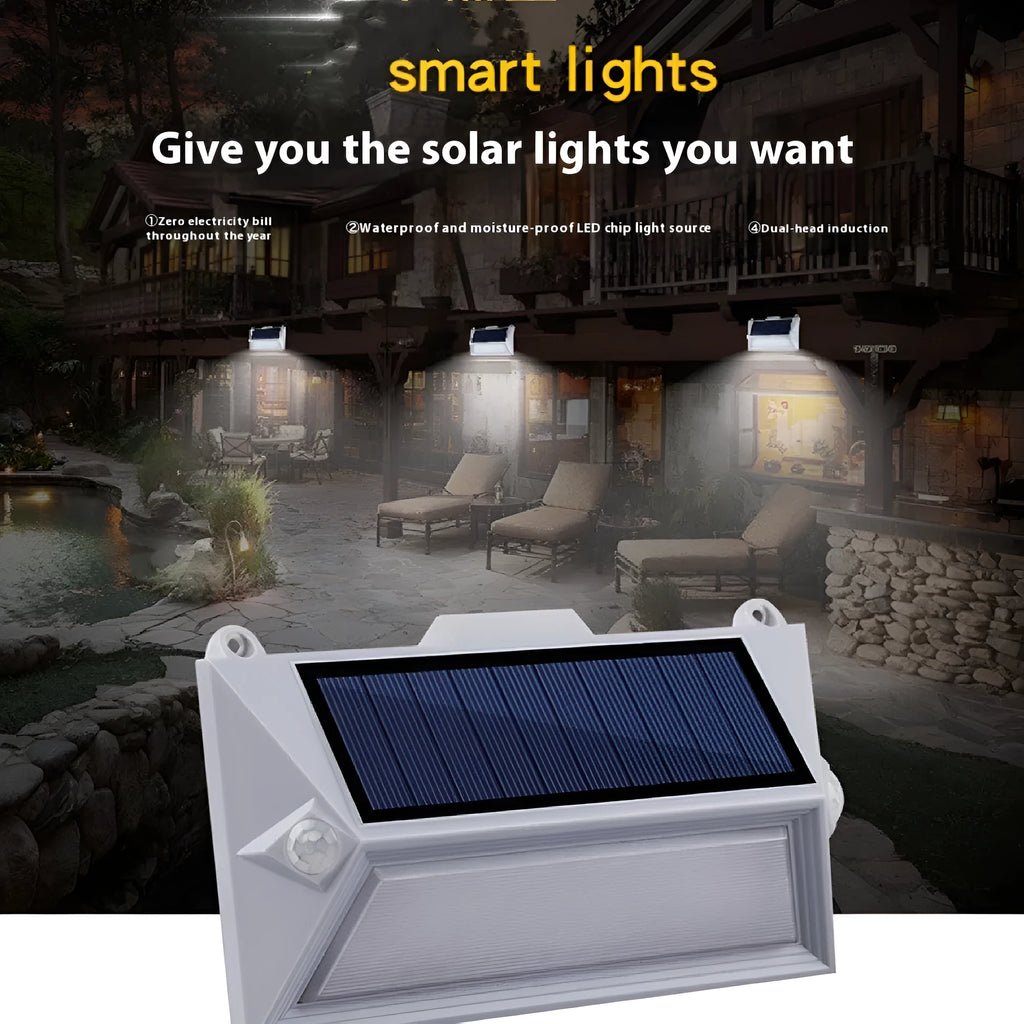 Solar outdoor human body induction guide step light mounted on a wooden fence, 160x95x36mm ABS+PC housing