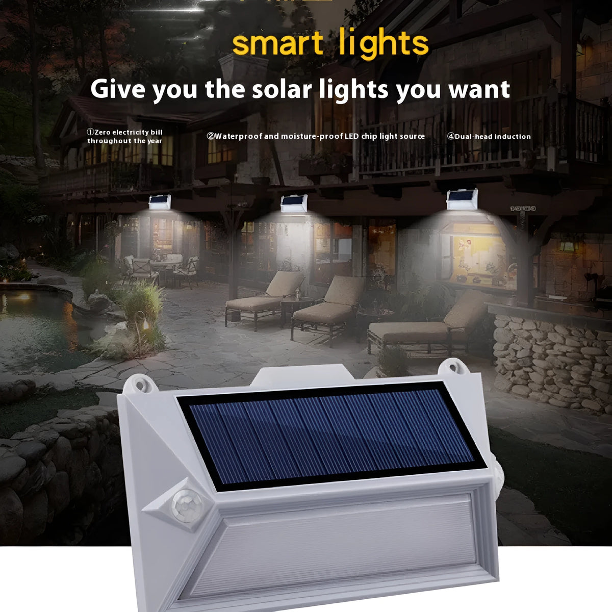 Solar outdoor human body induction guide step light mounted on a wooden fence, 160x95x36mm ABS+PC housing