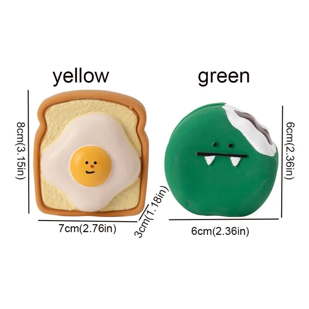 Yellow and green cartoon bread egg shaped latex squeaky toy for dogs on a white background.