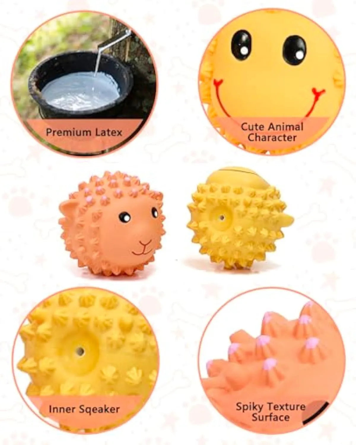 Orange and yellow spiky latex animal dog toys with squeakers for dental care and fetch play.