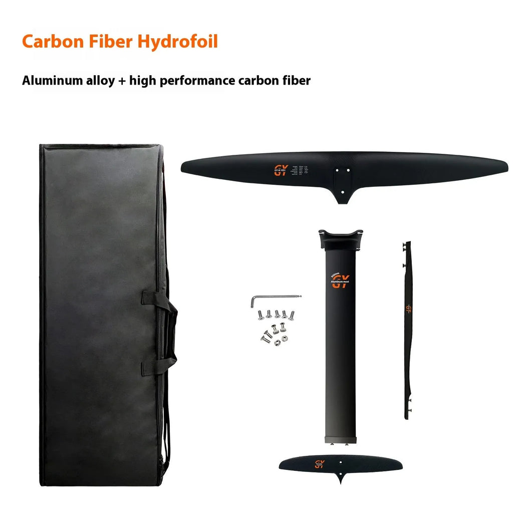 Black carbon fibre and aluminium alloy racing hydrofoil surfboard with large front wing