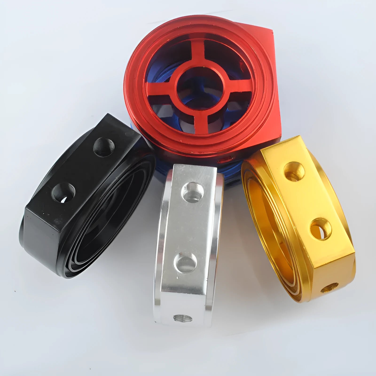 Aluminium oil pressure gauge adapter in five colour options: black, blue, gold, red, silver