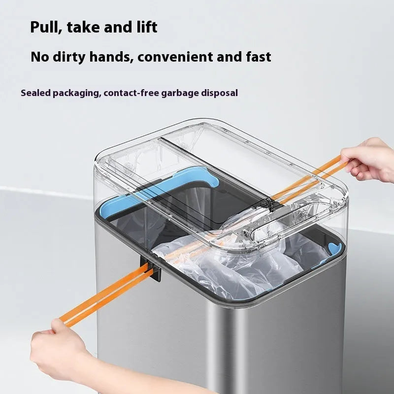 Stainless steel square inductive smart trash can with automatic sensor lid and deodorant function.
