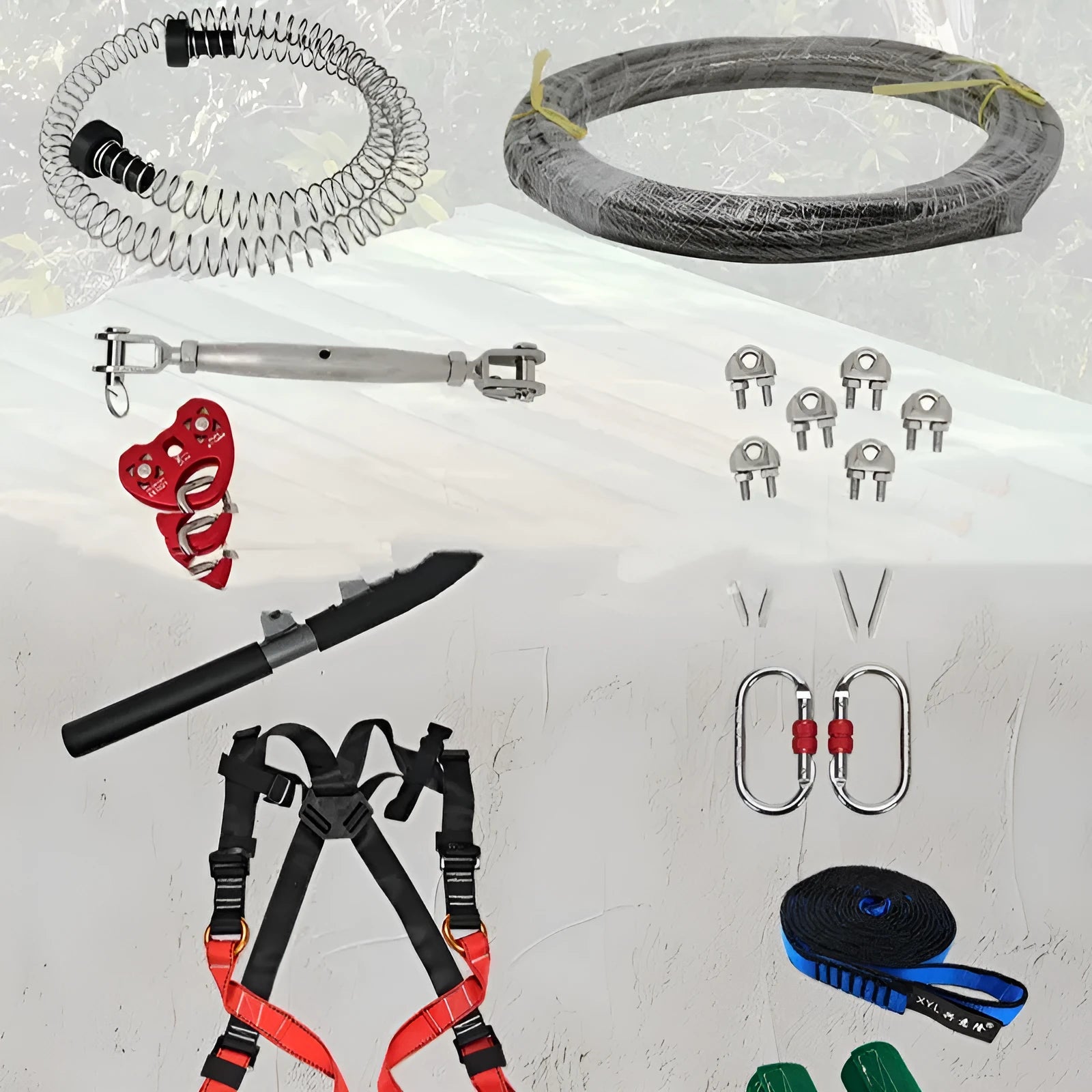 Ziptreck 10 metre pulley slide rope kit with handle, alloy steel pulleys, locks, and tree protection sleeves.