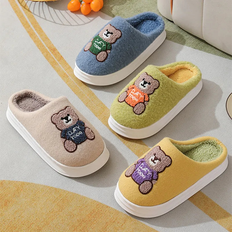 Lovely cartoon bear woolen slippers for women with plush upper and synthetic wool lining in dark blue