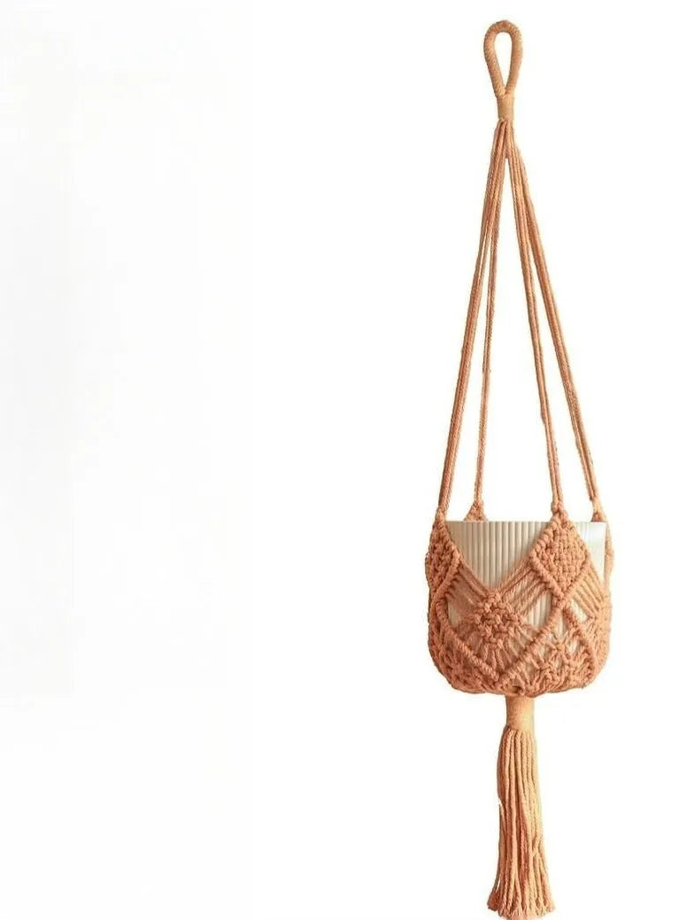 Hand-woven flower pot net pocket extension cord in brown polyester cotton