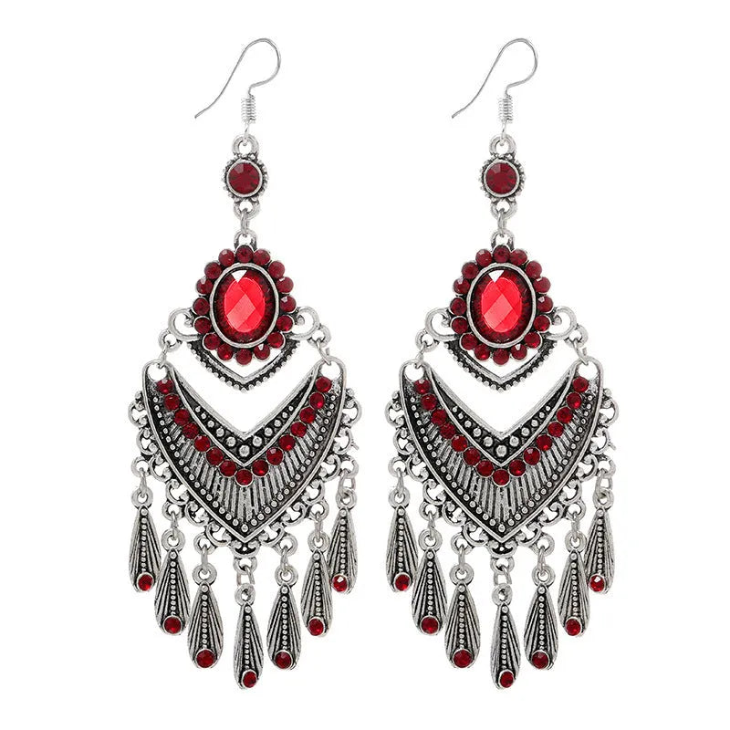 Purple retro fringe drop earrings with crystal detailing and ethnic styling