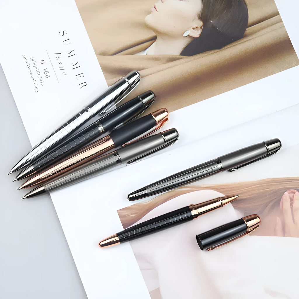 Grey metal retractable roller pen for business signatures on a white background.