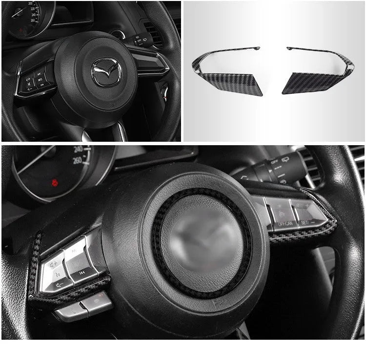 A pair of carbon fibre style ABS plastic steering wheel frames for non-destructive adhesive installation.